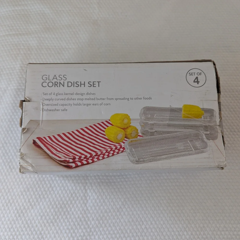 New 4 Vintage Clear Glass CORN ON THE COB Individual Serving Dish HOLDERS .